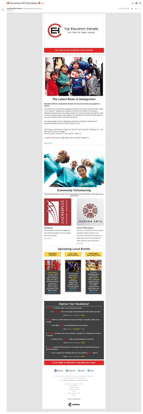 Monthly newsletter via Mailchimp — info for immigrants/international students and community-engagement opportunities in the Waterloo region