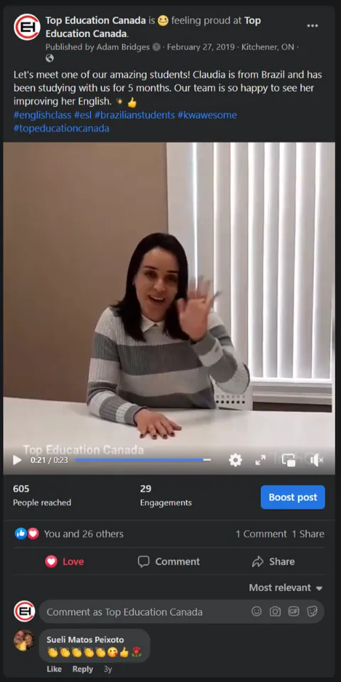 Testimonial video post — TEC's ESL services, from a member of TEC's secondary market in the Waterloo Region